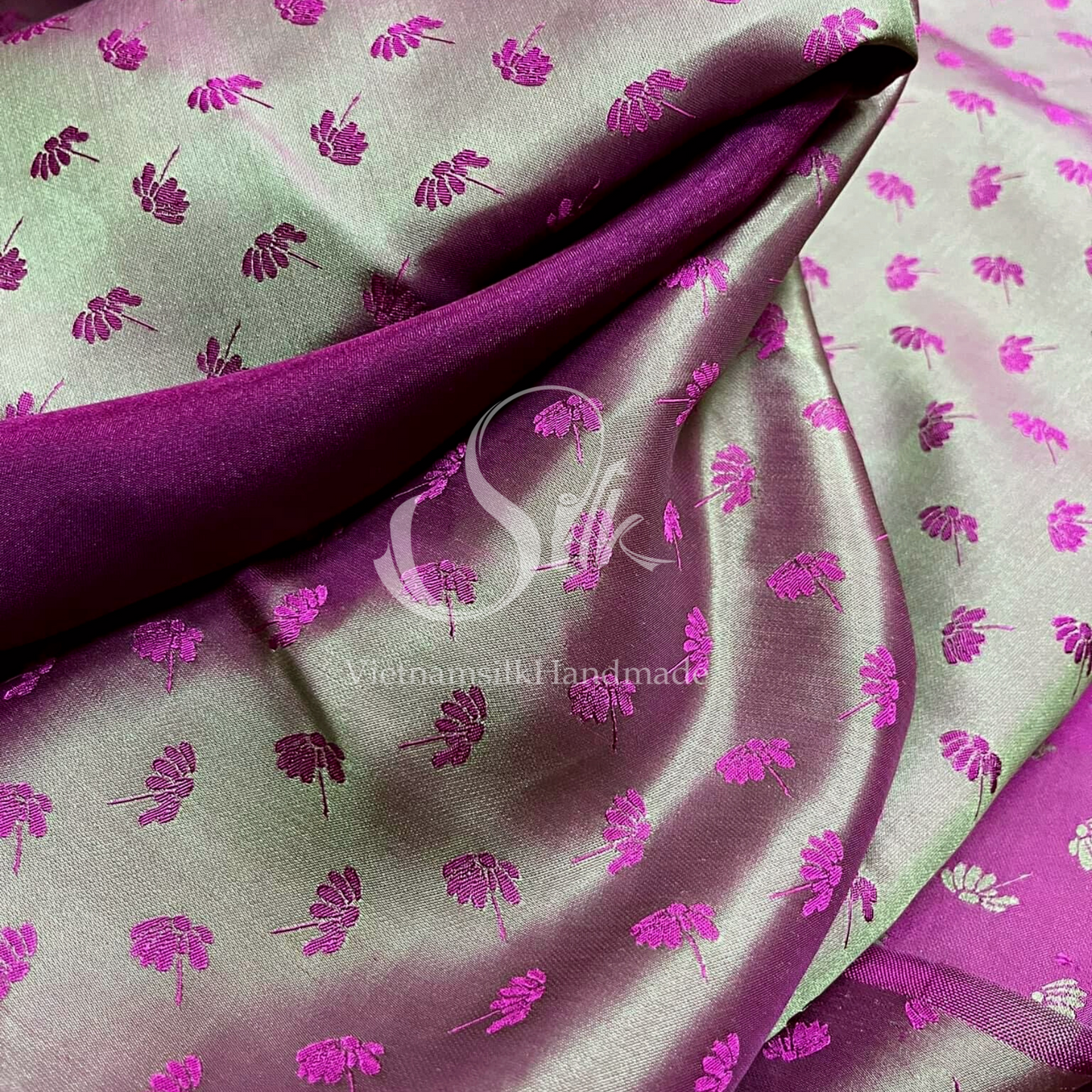 Mulberry Silk with Purple Dandelions -PURE MULBERRY SILK fabric by the yard -  Floral Silk -Luxury Silk - Natural silk - Handmade in VietNam