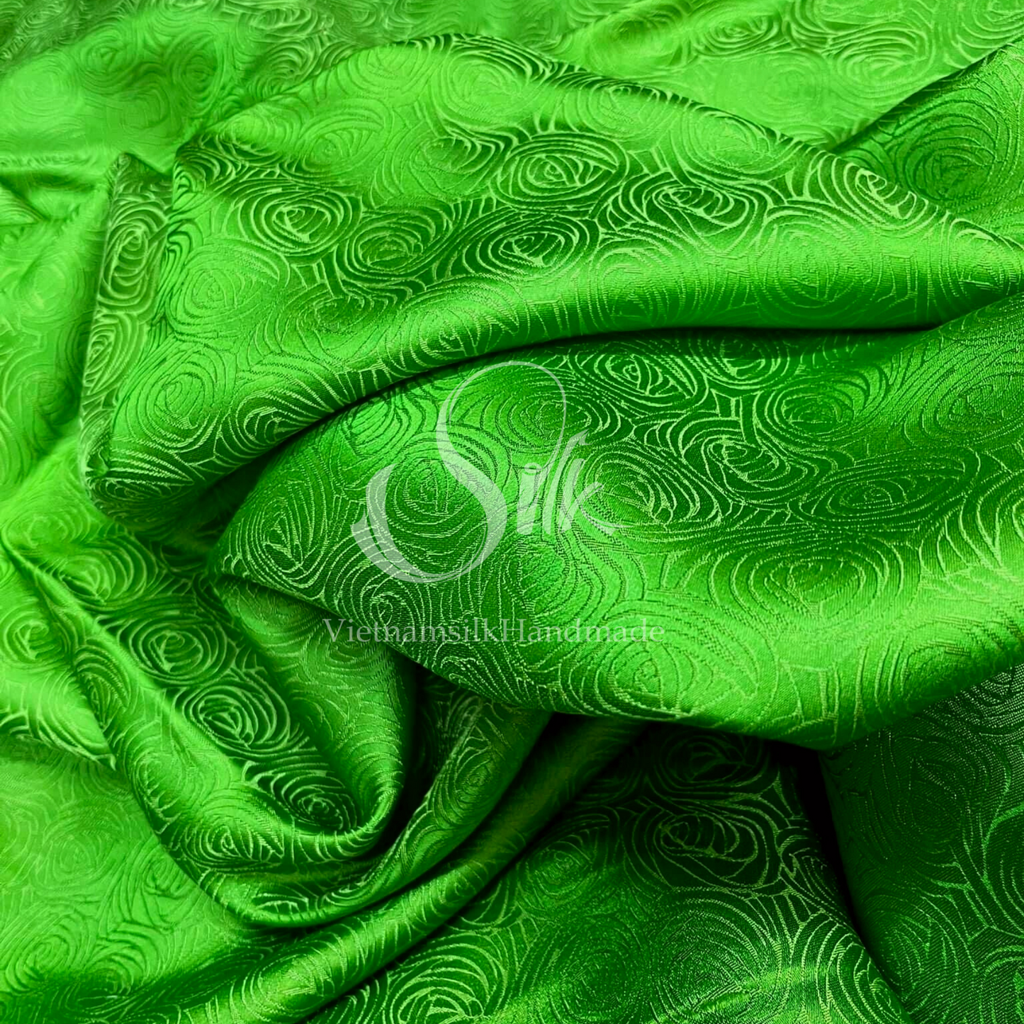 Chartreuse Green Silk with Cabbage Flowers -PURE MULBERRY SILK fabric by the yard -  Floral Silk -Luxury Silk - Natural silk - Handmade in VietNam