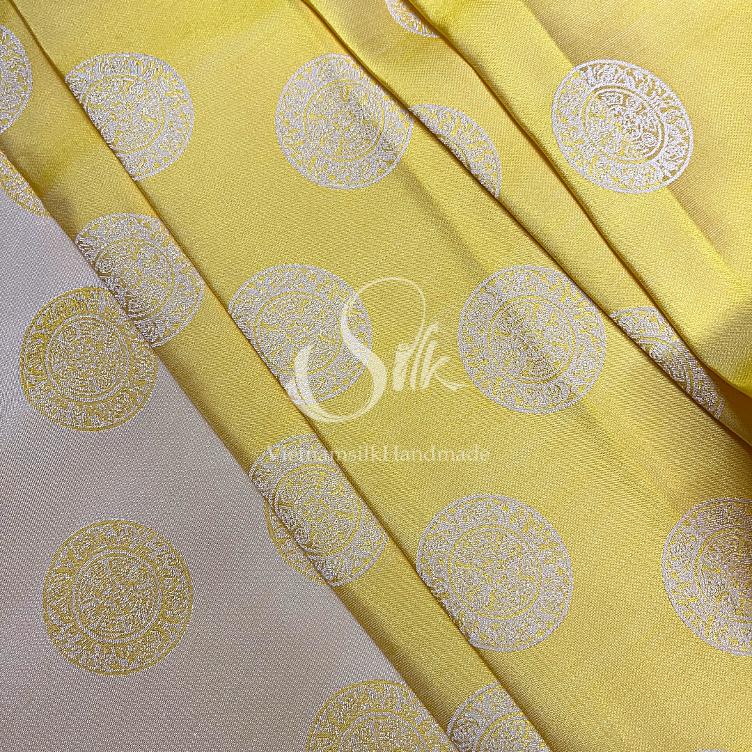 Yellow Silk with Coin patterns  - PURE MULBERRY SILK fabric by the yard -  Floral Silk -Luxury Silk - Natural silk - Handmade in VietNam- Silk with Design