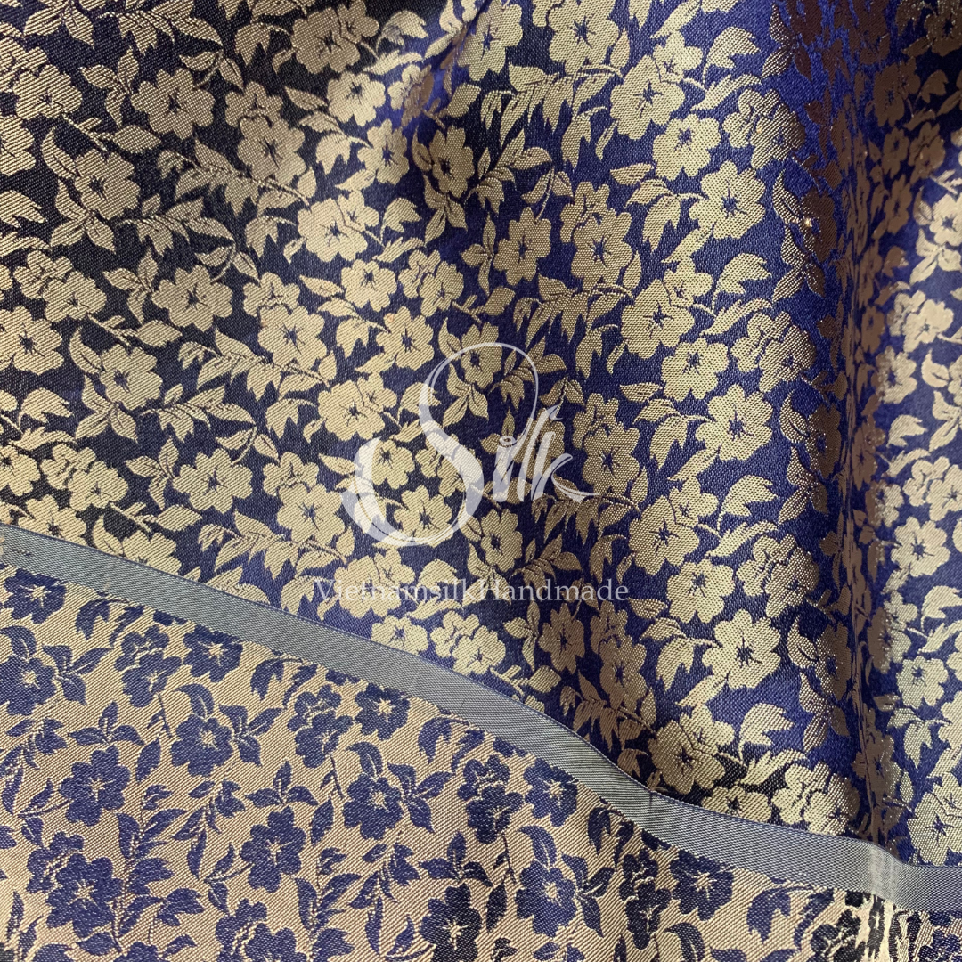 Navy Silk with Golden Flowers - Little Flowers design - PURE MULBERRY SILK fabric by the yard -  Floral Silk -Luxury Silk - Natural silk - Handmade in VietNam- Silk with Design