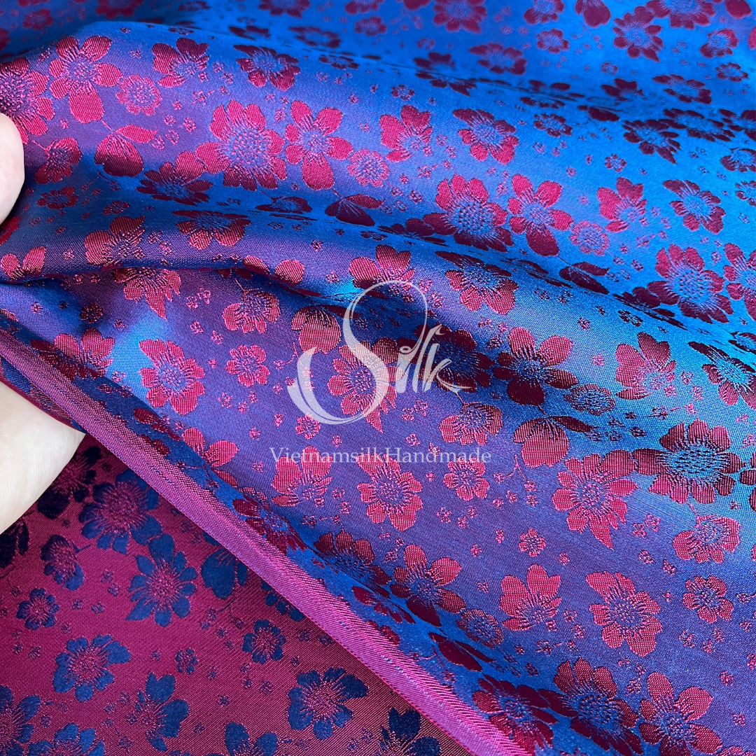 Navy Silk with Hot Pink Flowers - PURE MULBERRY SILK fabric by the yard -  Floral Silk -Luxury Silk - Natural silk - Handmade in VietNam