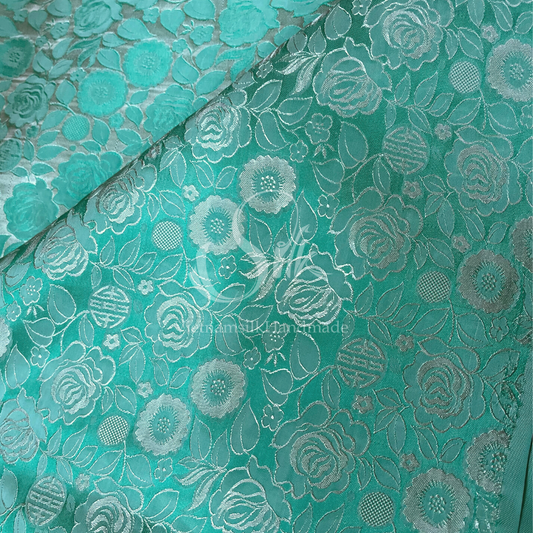 Turquoise Green Silk with Flowers - PURE MULBERRY SILK fabric by the yard -  Floral Silk - Rose Silk -Luxury Silk - Natural silk - Handmade in VietNam