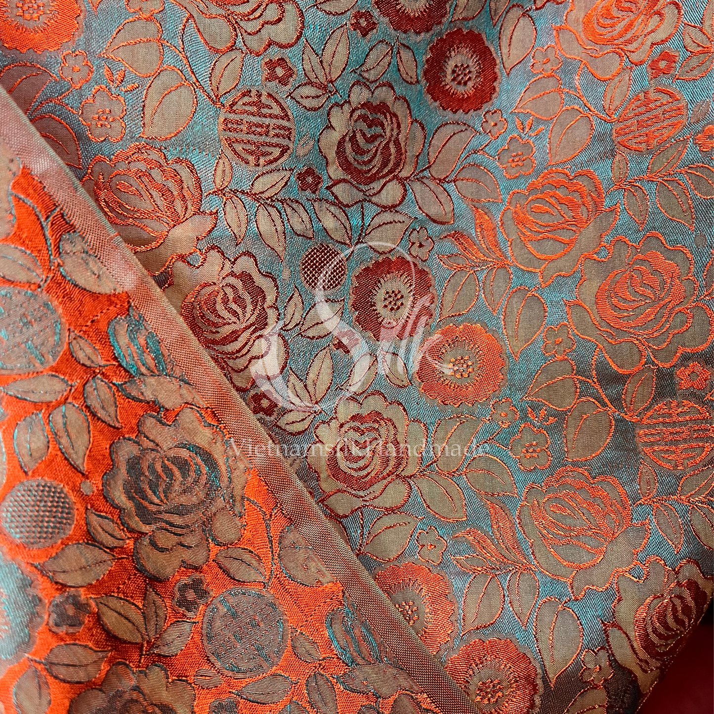 Green Silk with Orange Flowers - PURE MULBERRY SILK fabric by the yard -  Floral Silk - Rose Silk -Luxury Silk - Natural silk - Handmade in VietNam
