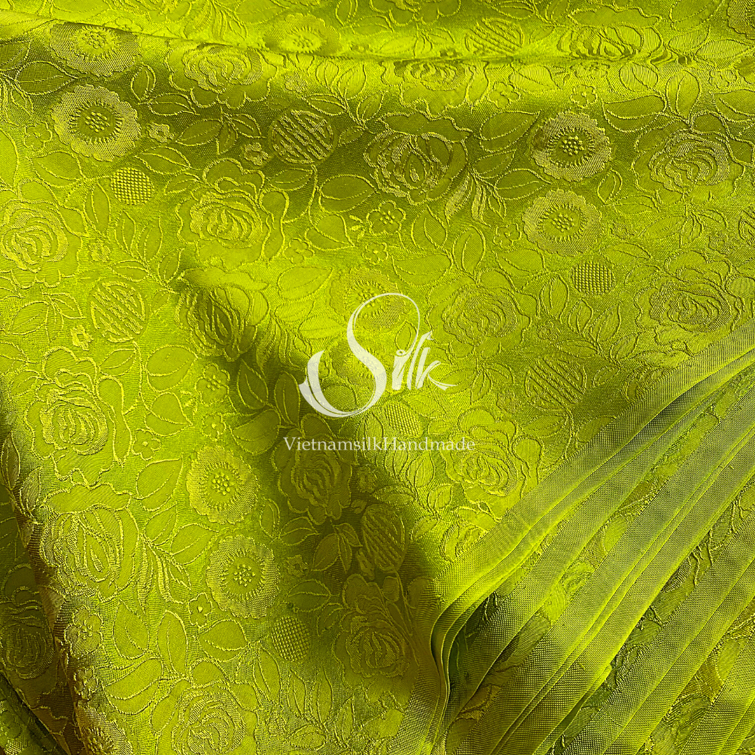 Chartreuse Silk with Rose Flowers - Rose Pattern - PURE MULBERRY SILK fabric by the yard -  Floral Silk - Rose Silk -Luxury Silk - Natural silk - Handmade in VietNam- Silk with Design