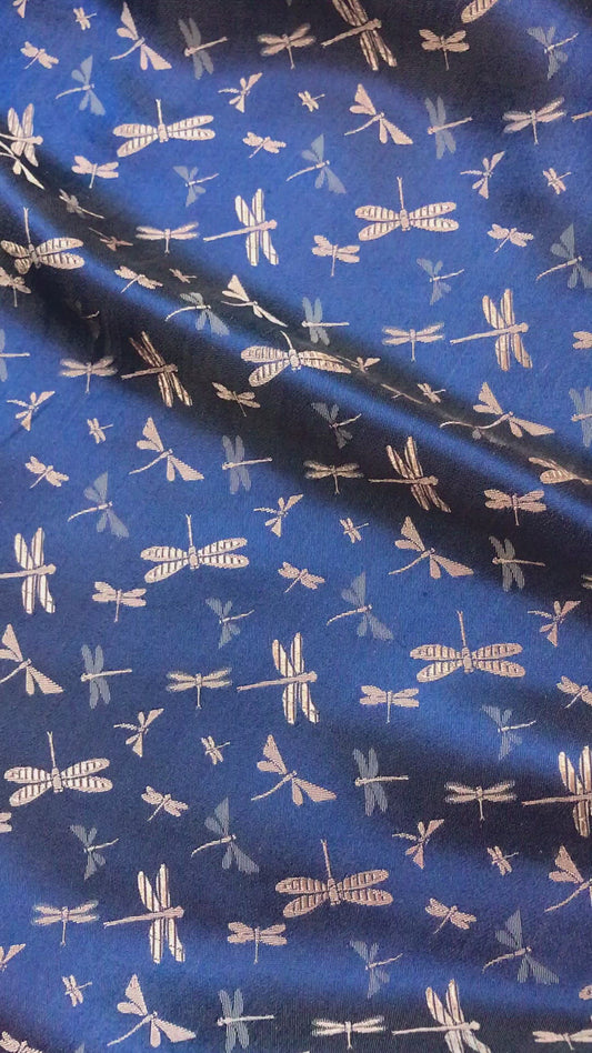 Navy silk with Bronze Dragonfly patterns - PURE MULBERRY SILK fabric by the yard - Gragonfly silk -Luxury Silk - Natural silk - Handmade in VietNam