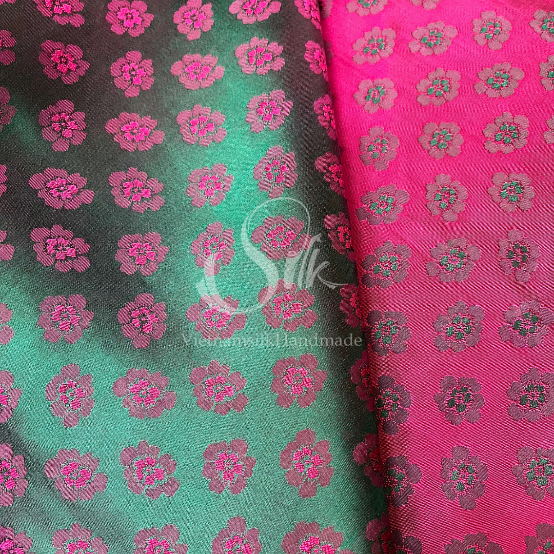 Green Silk with Peach flowers Pattern - PURE MULBERRY SILK fabric by the yard -  Floral Silk -Luxury Silk - Natural silk - Handmade in VietNam
