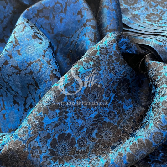 Navy Silk with Daisy Flowers -PURE MULBERRY SILK fabric by the yard -  Floral Silk -Luxury Silk - Natural silk - Handmade in VietNam- Silk with Design