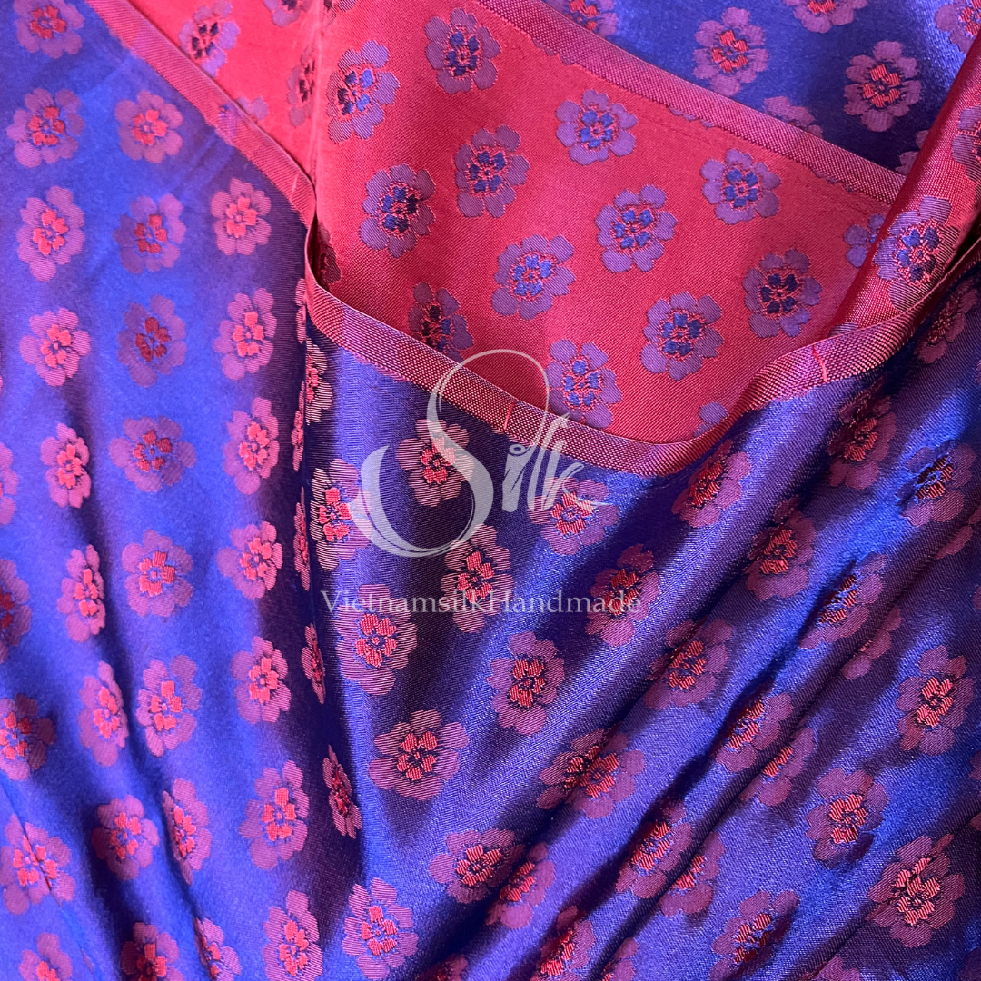 Purple Silk with Peach flowers Pattern - PURE MULBERRY SILK fabric by the yard -  Floral Silk -Luxury Silk - Natural silk - Handmade in VietNam