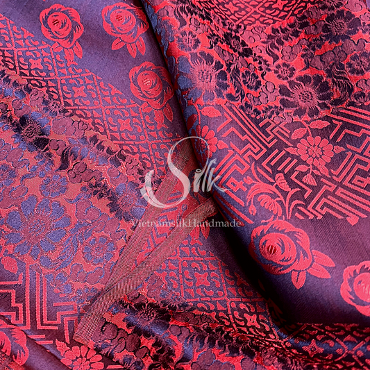 Red Silk with Mixed Flowers - PURE MULBERRY SILK fabric by the yard -  Floral Silk -Luxury Silk - Natural silk - Handmade in VietNam- Silk with Design