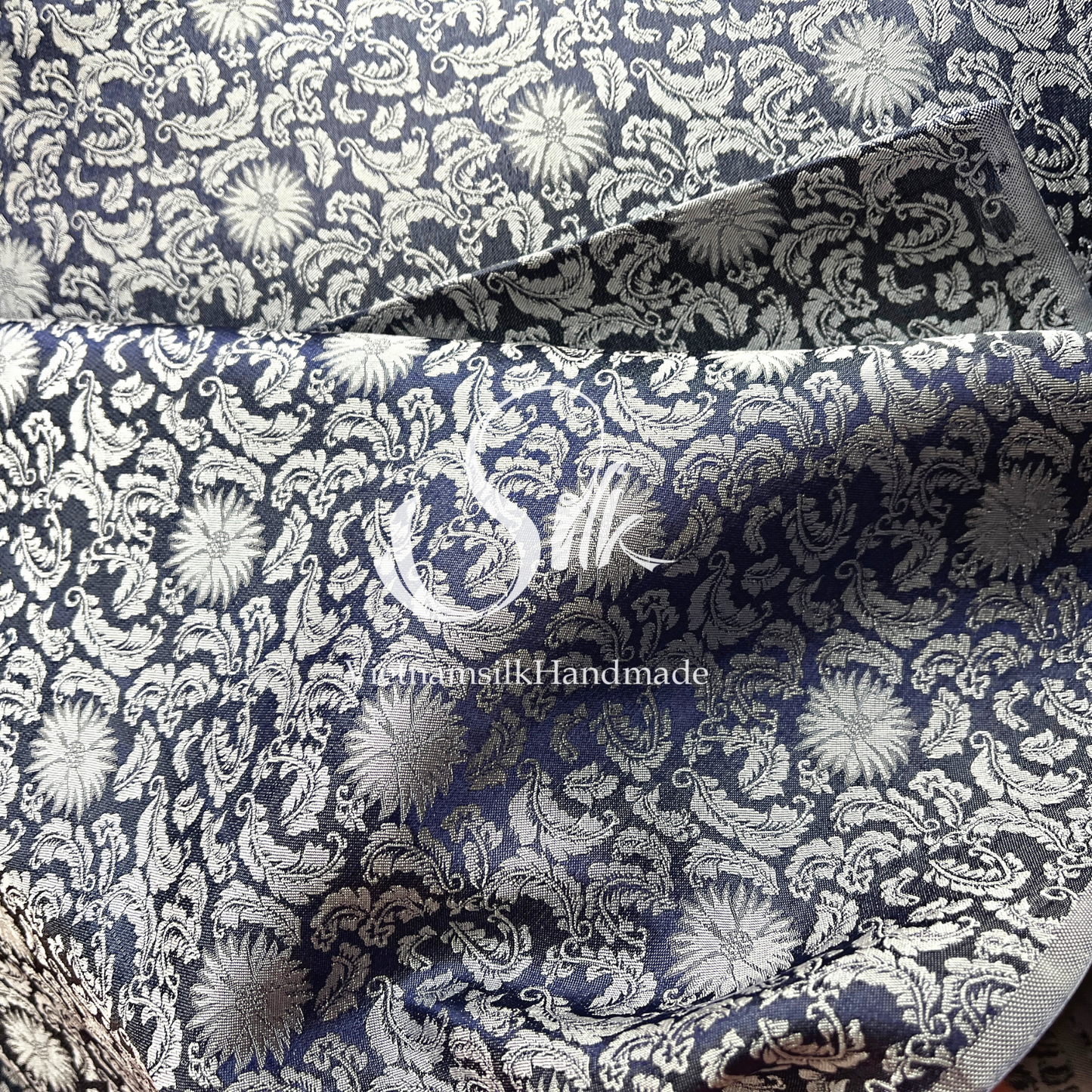 Navy Silk with Gray Flowers - Daisy design -PURE MULBERRY SILK fabric by the yard -  Floral Silk -Luxury Silk - Natural silk - Handmade in VietNam