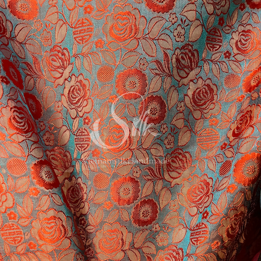 Green Silk with Orange Flowers - PURE MULBERRY SILK fabric by the yard -  Floral Silk - Rose Silk -Luxury Silk - Natural silk - Handmade in VietNam