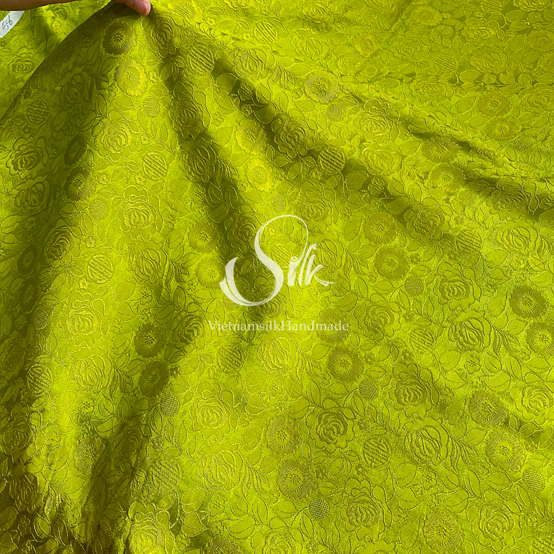 Chartreuse Silk with Rose Flowers - Rose Pattern - PURE MULBERRY SILK fabric by the yard -  Floral Silk - Rose Silk -Luxury Silk - Natural silk - Handmade in VietNam- Silk with Design
