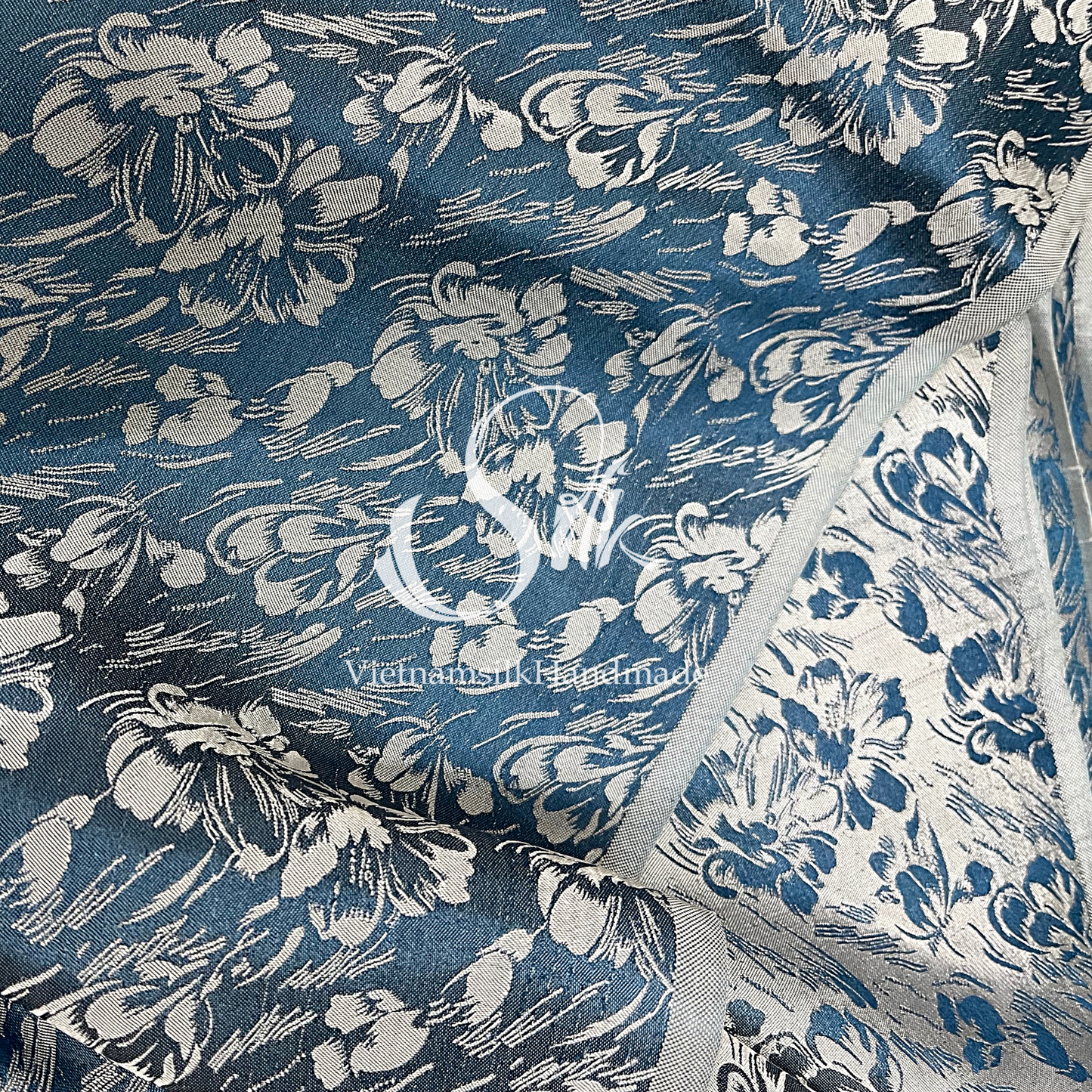 Navy Silk with Gray Flowers -Raining Design - PURE MULBERRY SILK fabric by the yard -  Floral Silk -Luxury Silk - Natural silk - Handmade in VietNam