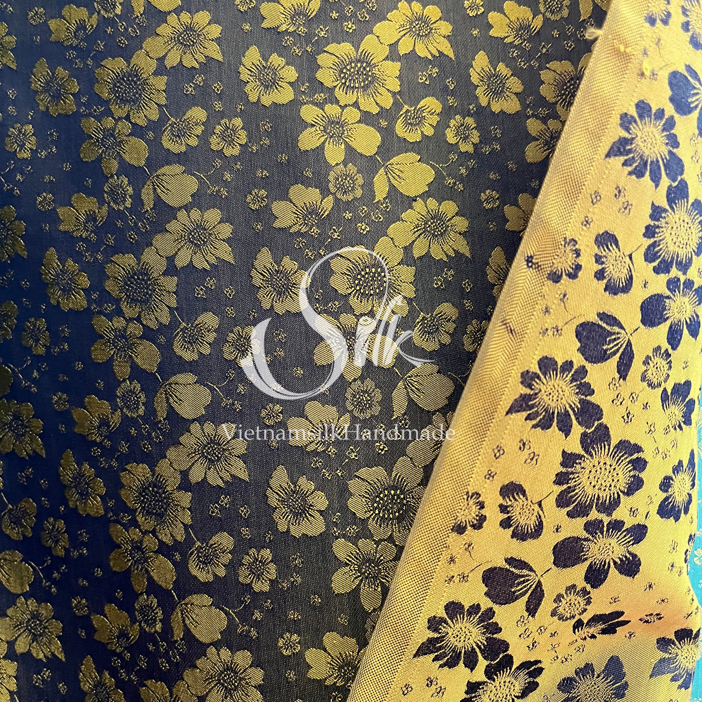 Black Navy Silk with Yellow Flowers - PURE MULBERRY SILK fabric by the yard -  Floral Silk -Luxury Silk - Natural silk - Handmade in VietNam