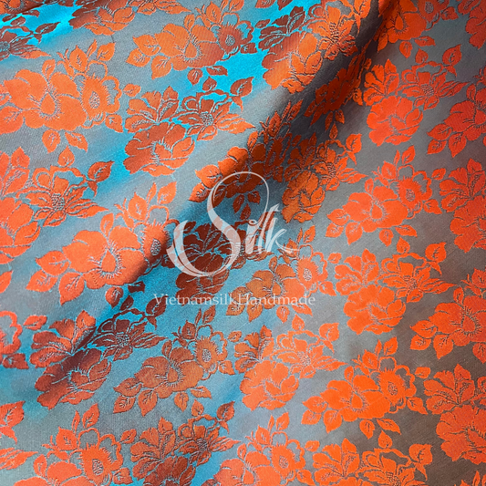 Green Silk with Orange Big Flowers - PURE MULBERRY SILK fabric by the yard -  Floral Silk -Luxury Silk - Natural silk - Handmade in VietNam