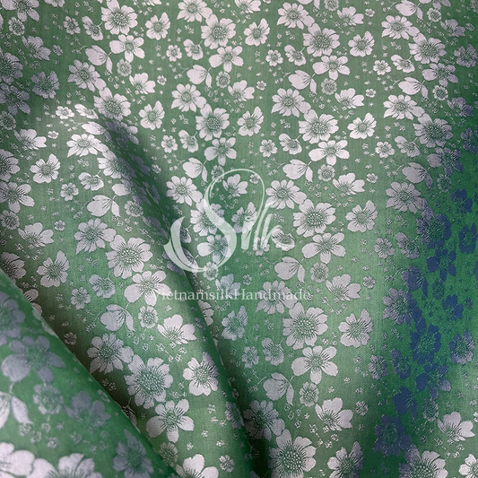 Green Silk with Gray Flowers - PURE MULBERRY SILK fabric by the yard -  Floral Silk -Luxury Silk - Natural silk - Handmade in VietNam