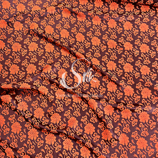 Silk with Orange Flowers - PURE MULBERRY SILK fabric by the yard -  Floral Silk -Luxury Silk - Natural silk - Handmade in VietNam- Silk with Design