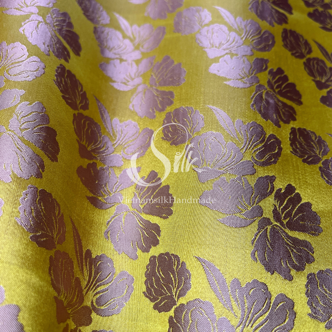 Yellow Silk with Big Bronze Flowers - PURE MULBERRY SILK fabric by the yard -  Floral Silk -Luxury Silk - Natural silk - Handmade in VietNam