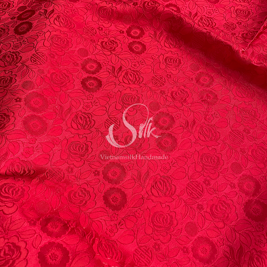 Red Silk with Rose Flowers - Rose Pattern - PURE MULBERRY SILK fabric by the yard -  Floral Silk - Rose Silk -Luxury Silk - Natural silk - Handmade in VietNam- Silk with Design