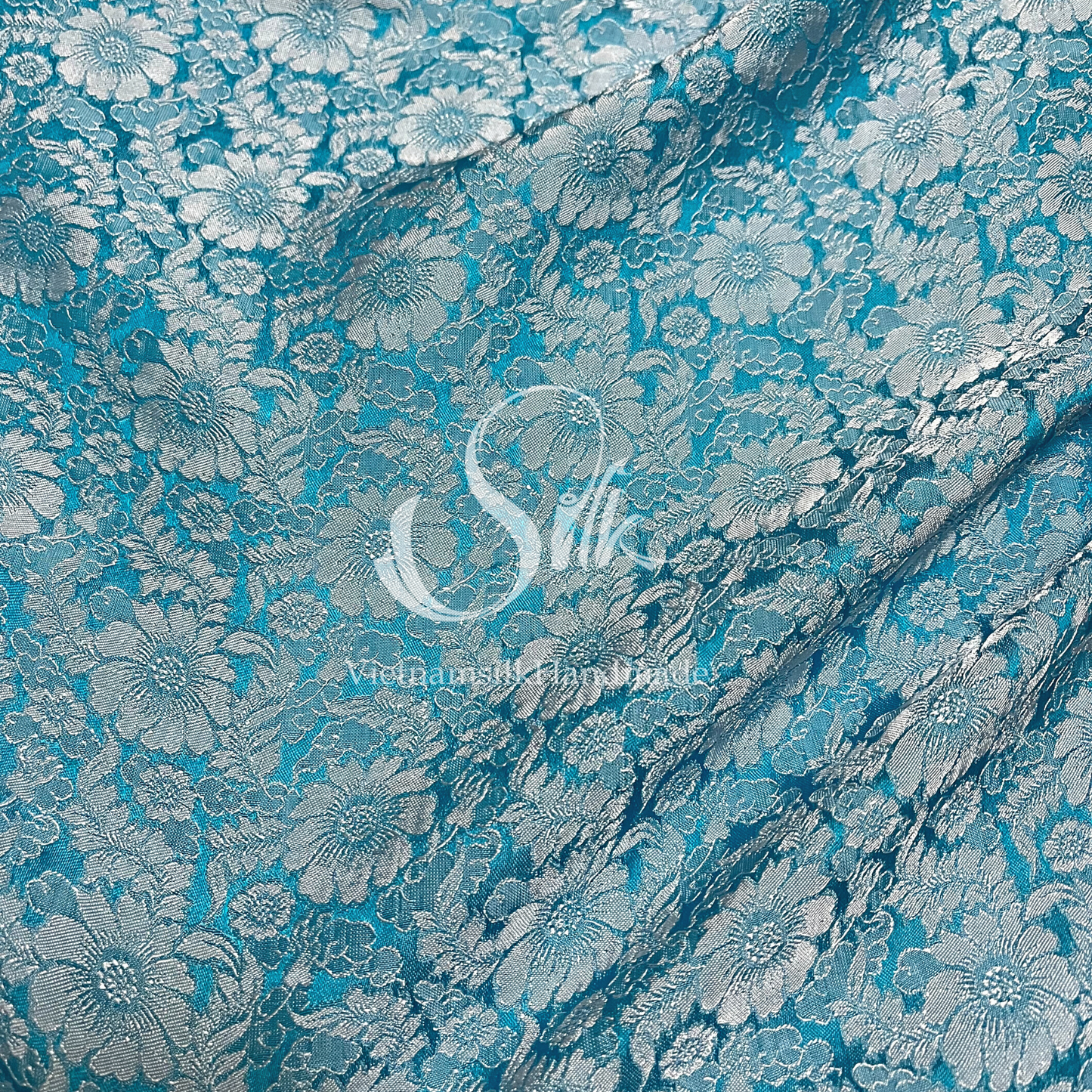Blue Silk with Daisy Flowers -PURE MULBERRY SILK fabric by the yard -  Floral Silk -Luxury Silk - Natural silk - Handmade in VietNam- Silk with Design