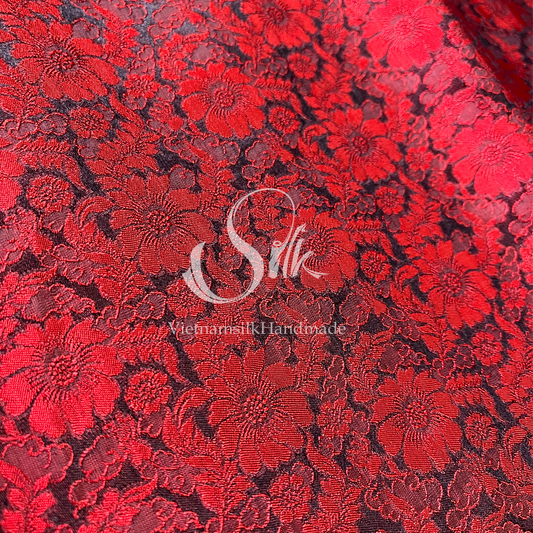 Black Silk with Red Daisy Flowers -PURE MULBERRY SILK fabric by the yard -  Floral Silk -Luxury Silk - Natural silk - Handmade in VietNam