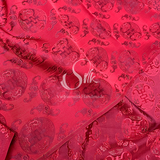 Red Silk with THỌ DƠI patterns  - PURE MULBERRY SILK fabric by the yard -  Floral Silk -Luxury Silk - Natural silk - Handmade in VietNam- Silk with Design