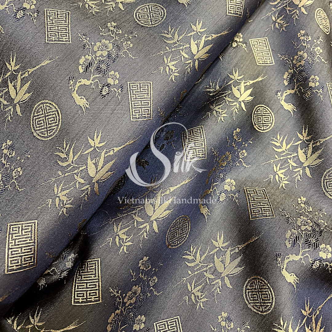 Gold Brown Silk with Traditional patterns  - PURE MULBERRY SILK fabric by the yard -  Floral Silk -Luxury Silk - Natural silk - Handmade in VietNam- Silk with Design