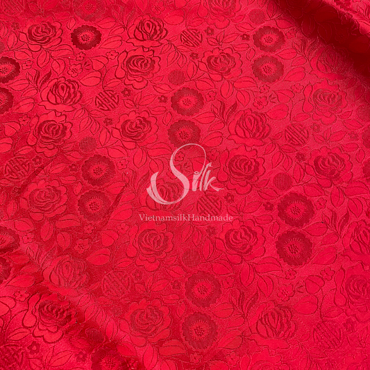 Red Silk with Rose Flowers - Rose Pattern - PURE MULBERRY SILK fabric by the yard -  Floral Silk - Rose Silk -Luxury Silk - Natural silk - Handmade in VietNam- Silk with Design