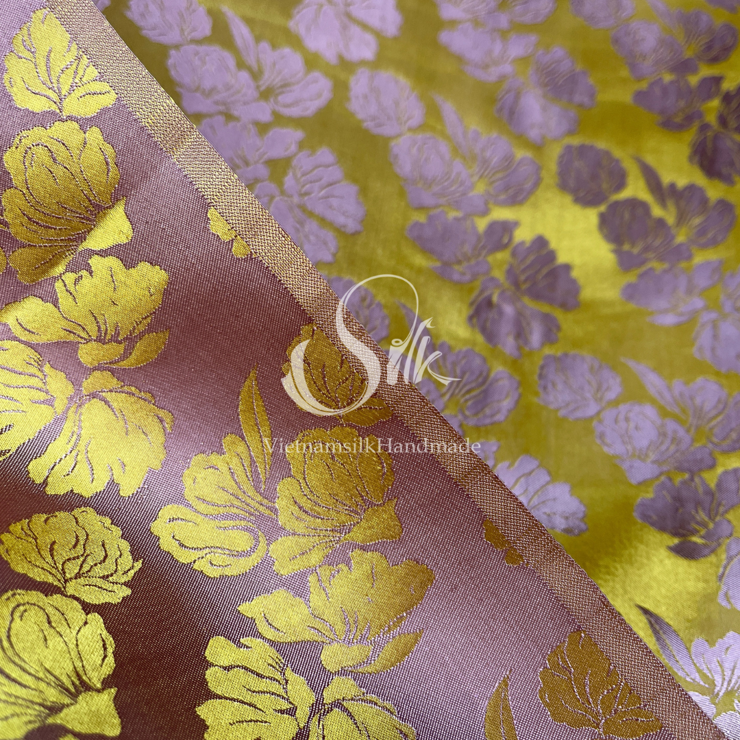 Yellow Silk with Big Bronze Flowers - PURE MULBERRY SILK fabric by the yard -  Floral Silk -Luxury Silk - Natural silk - Handmade in VietNam