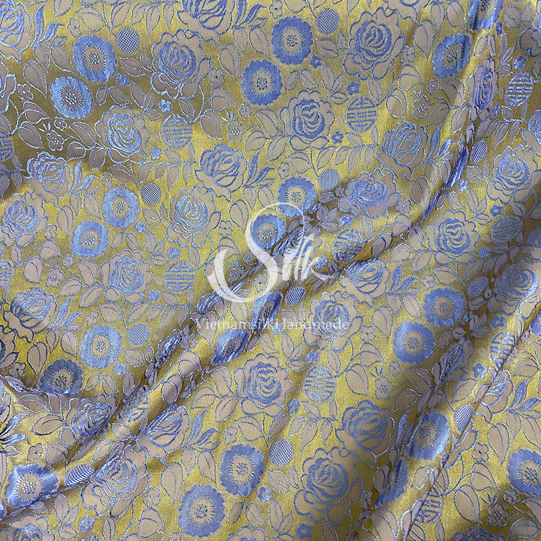 Golden Silk with Gray Flowers - Rose Pattern - PURE MULBERRY SILK fabric by the yard -  Floral Silk - Rose Silk -Luxury Silk - Natural silk - Handmade in VietNam- Silk with Design