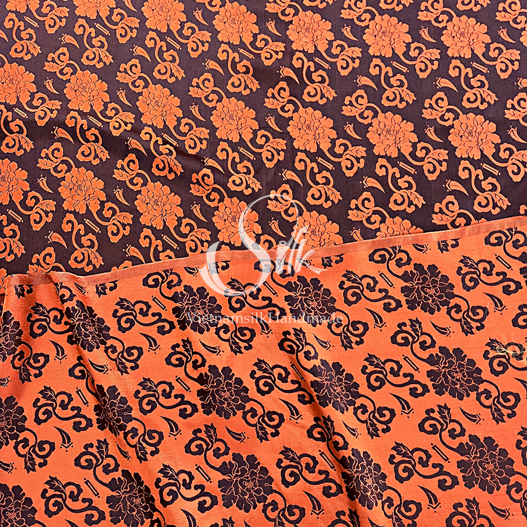 Silk with Orange Flowers - PURE MULBERRY SILK fabric by the yard -  Floral Silk -Luxury Silk - Natural silk - Handmade in VietNam- Silk with Design