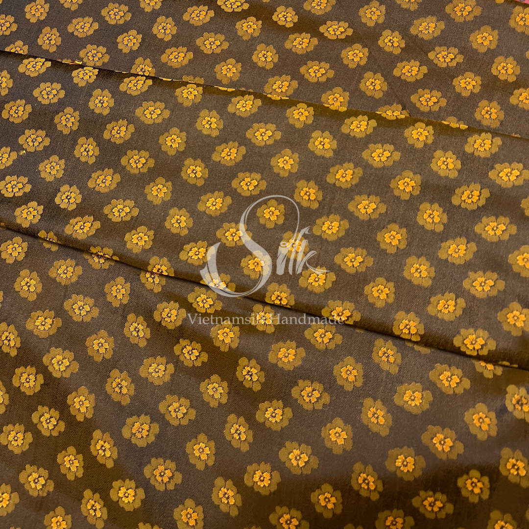 Brown Silk with Peach flowers Patterns - PURE MULBERRY SILK fabric by the yard -  Floral Silk -Luxury Silk - Natural silk - Handmade in VietNam- Silk with Design