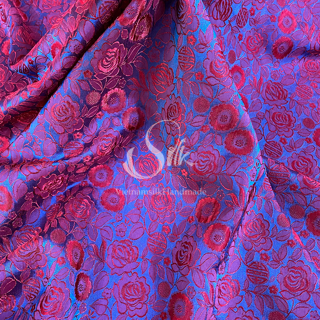 Navy Silk with Red Flowers - Rose Pattern - PURE MULBERRY SILK fabric by the yard -  Floral Silk - Rose Silk -Luxury Silk - Natural silk - Handmade in VietNam- Silk with Design