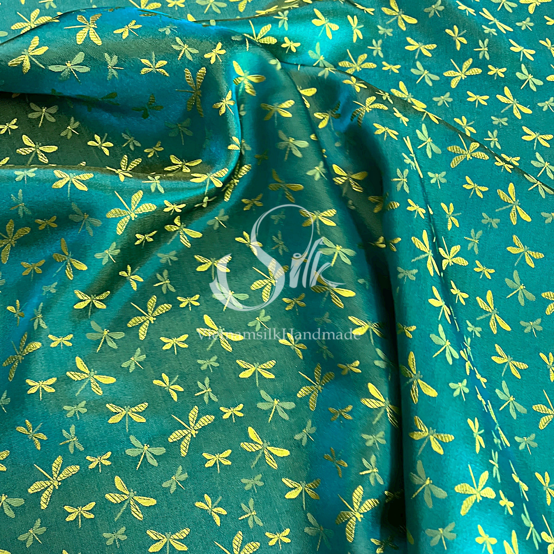 Green silk with Yellow Dragonfly patterns - PURE MULBERRY SILK fabric by the yard - Gragonfly silk -Luxury Silk - Natural silk - Handmade in VietNam- Silk with Design