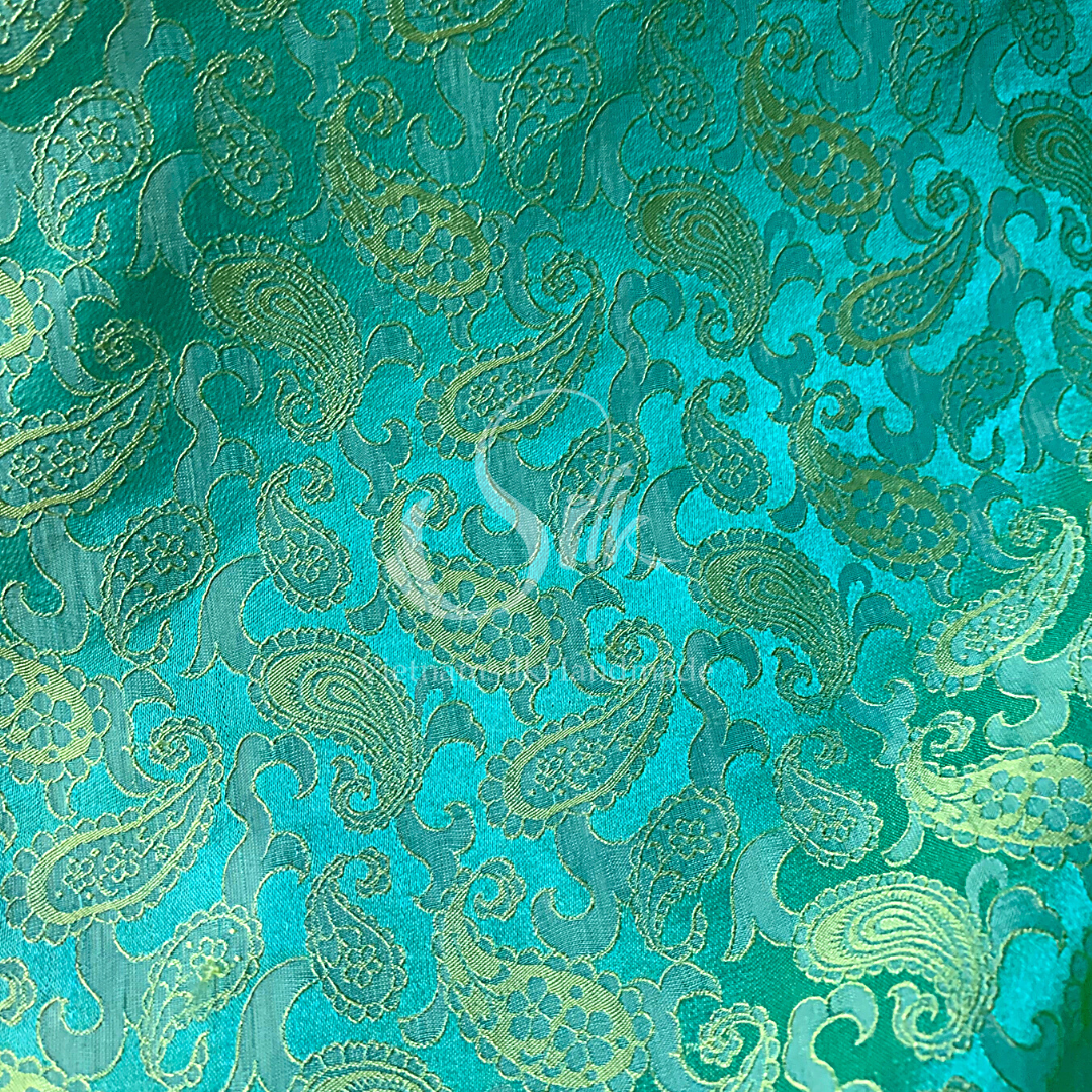 Turquoise silk with Paisley design - PURE MULBERRY SILK fabric by the yard - Luxury Silk - Natural silk - Handmade in VietNam- Silk with Design