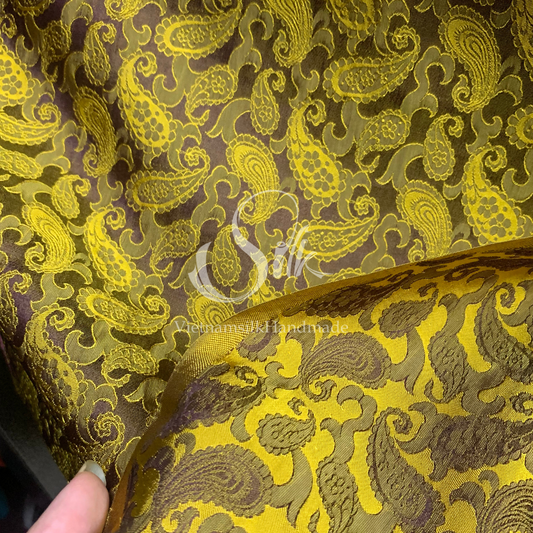 Brown silk with Yellow Paisley design - PURE MULBERRY SILK fabric by the yard - Luxury Silk - Natural silk - Handmade in VietNam- Silk with Design