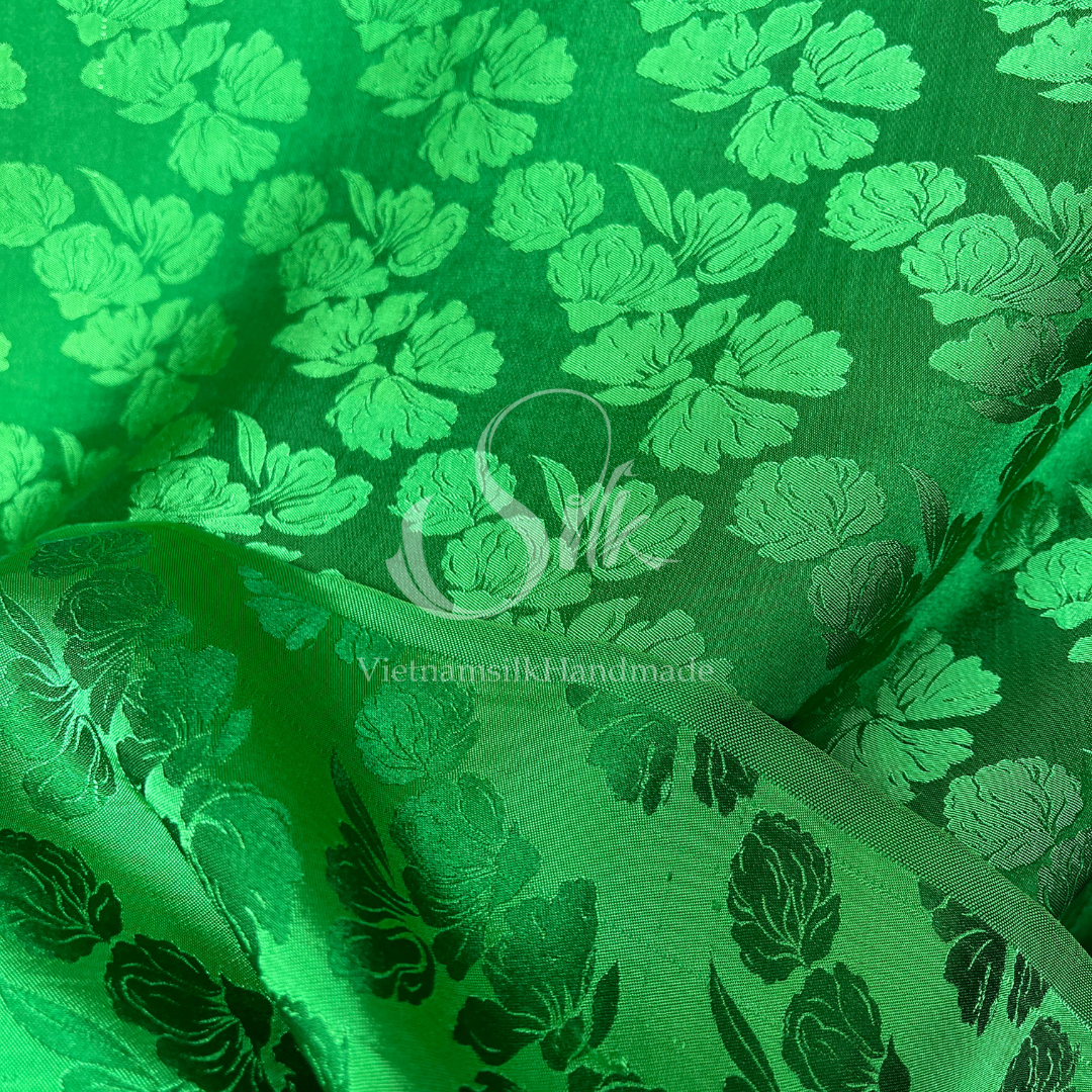 Green Silk with Big Flowers - PURE MULBERRY SILK fabric by the yard -  Floral Silk -Luxury Silk - Natural silk - Handmade in VietNam- Silk with Design