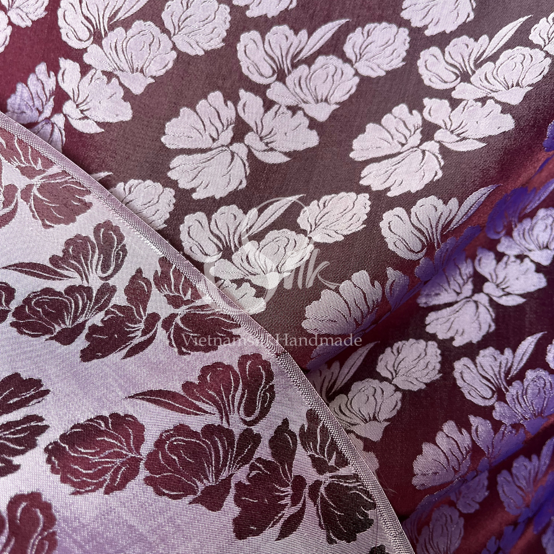 Brown Purple Silk with Big Flowers - PURE MULBERRY SILK fabric by the yard -  Floral Silk -Luxury Silk - Natural silk - Handmade in VietNam