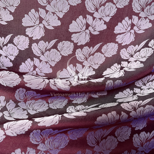 Brown Purple Silk with Big Flowers - PURE MULBERRY SILK fabric by the yard -  Floral Silk -Luxury Silk - Natural silk - Handmade in VietNam
