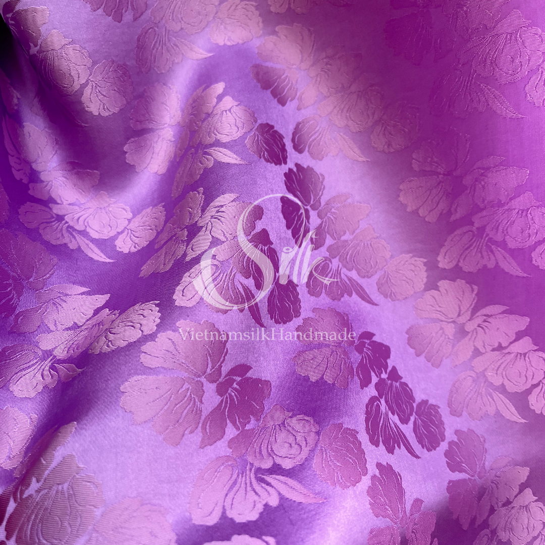 Purple Silk with Big Flowers - PURE MULBERRY SILK fabric by the yard -  Floral Silk -Luxury Silk - Natural silk - Handmade in VietNam