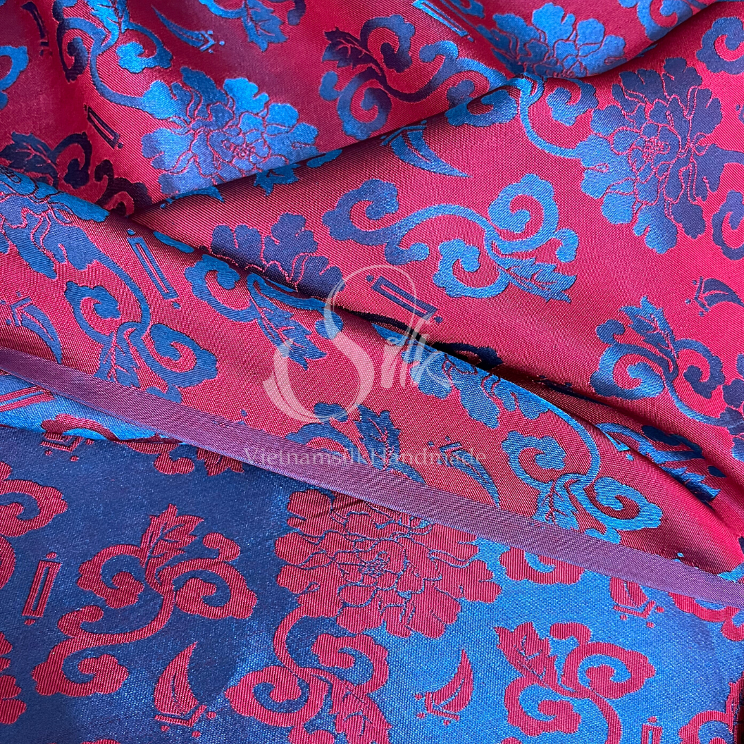 Navy Silk with Red Flowers - PURE MULBERRY SILK fabric by the yard -  Floral Silk -Luxury Silk - Natural silk - Handmade in VietNam- Silk with Design