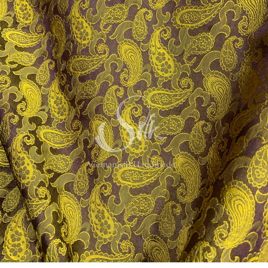 Brown silk with Yellow Paisley design - PURE MULBERRY SILK fabric by the yard - Luxury Silk - Natural silk - Handmade in VietNam- Silk with Design
