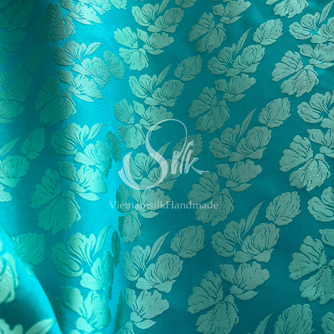 Turquoise Blue Silk with Big Flowers - PURE MULBERRY SILK fabric by the yard -  Floral Silk -Luxury Silk - Natural silk - Handmade in VietNam