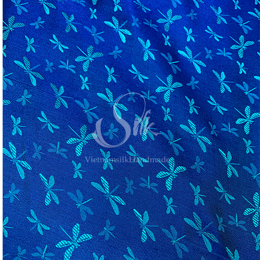 Navy silk with Dragonfly patterns - PURE MULBERRY SILK fabric by the yard - Dragonfly silk -Luxury Silk - Natural silk - Handmade in VietNam