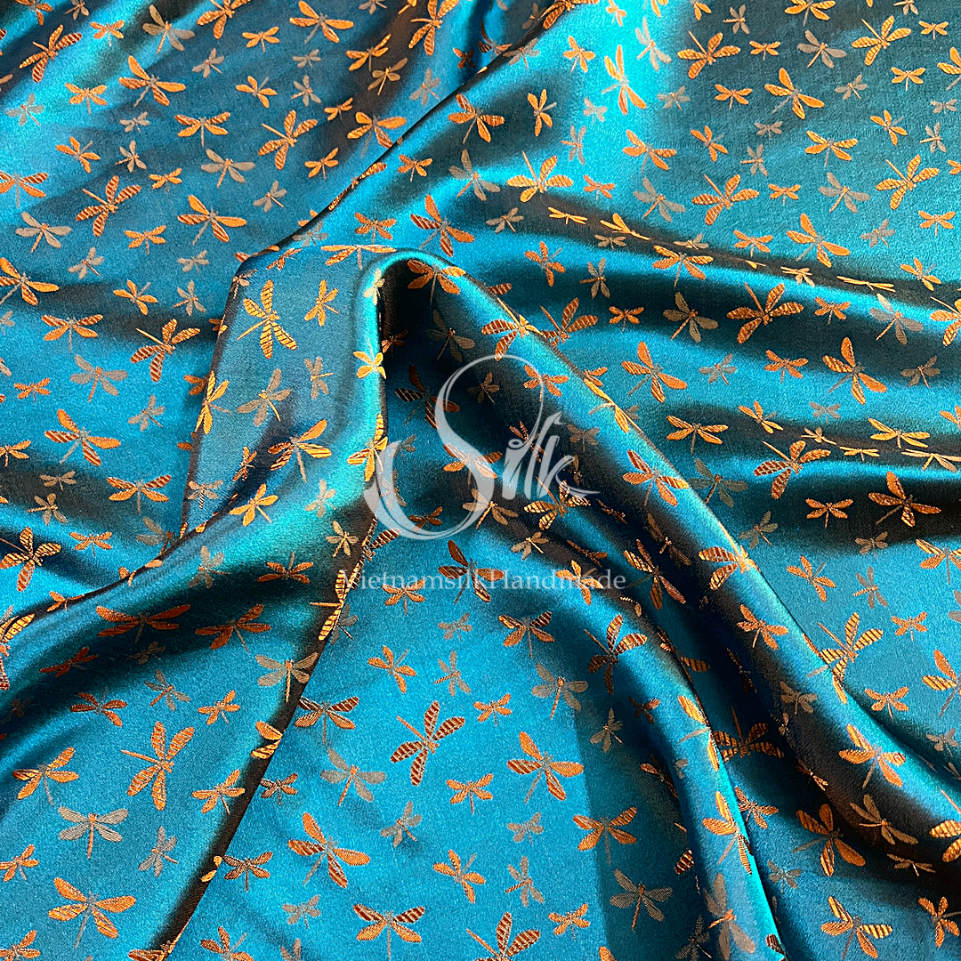 Green silk with Orange Dragonfly patterns - PURE MULBERRY SILK fabric by the yard - Gragonfly silk -Luxury Silk - Natural silk - Handmade in VietNam- Silk with Design