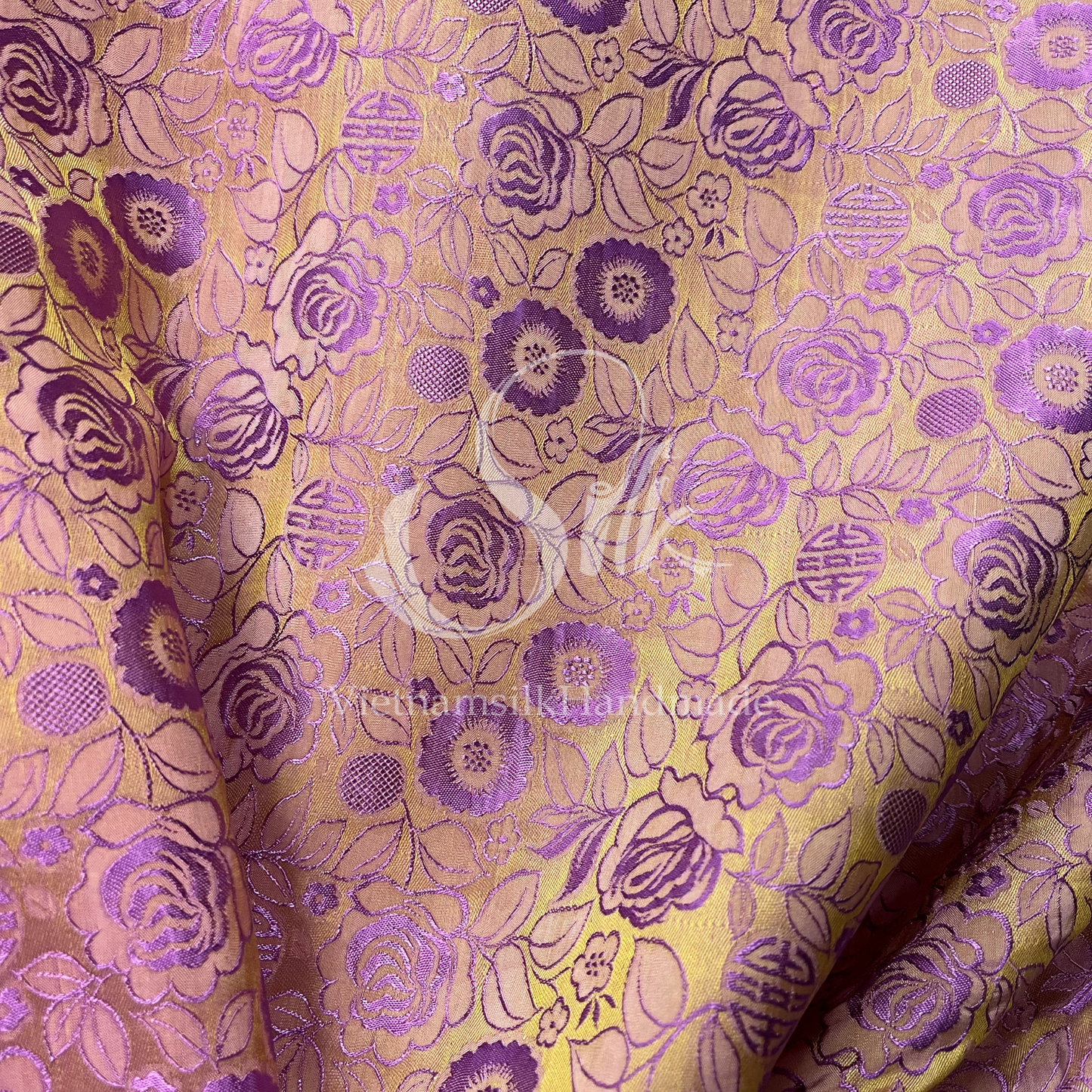 Bronze Silk with Purple Flowers - PURE MULBERRY SILK fabric by the yard -  Floral Silk - Rose Silk -Luxury Silk - Natural silk - Handmade in VietNam