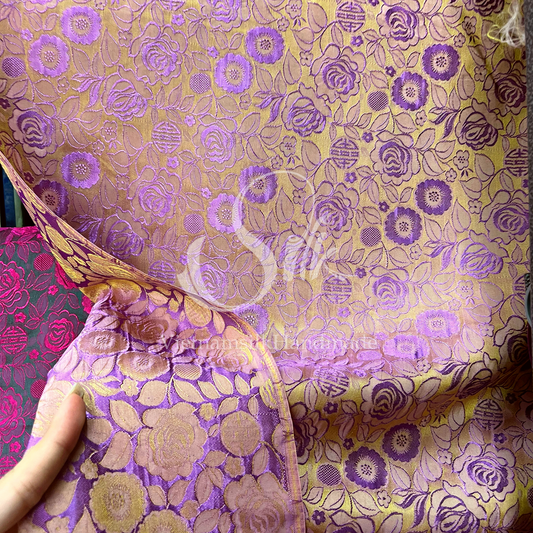 Bronze Silk with Purple Flowers - PURE MULBERRY SILK fabric by the yard -  Floral Silk - Rose Silk -Luxury Silk - Natural silk - Handmade in VietNam