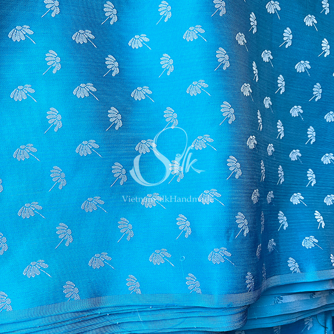 Blue Silk with Dandelion Flowers - PURE MULBERRY SILK fabric by the yard -  Floral Silk -Luxury Silk - Natural silk - Handmade in VietNam