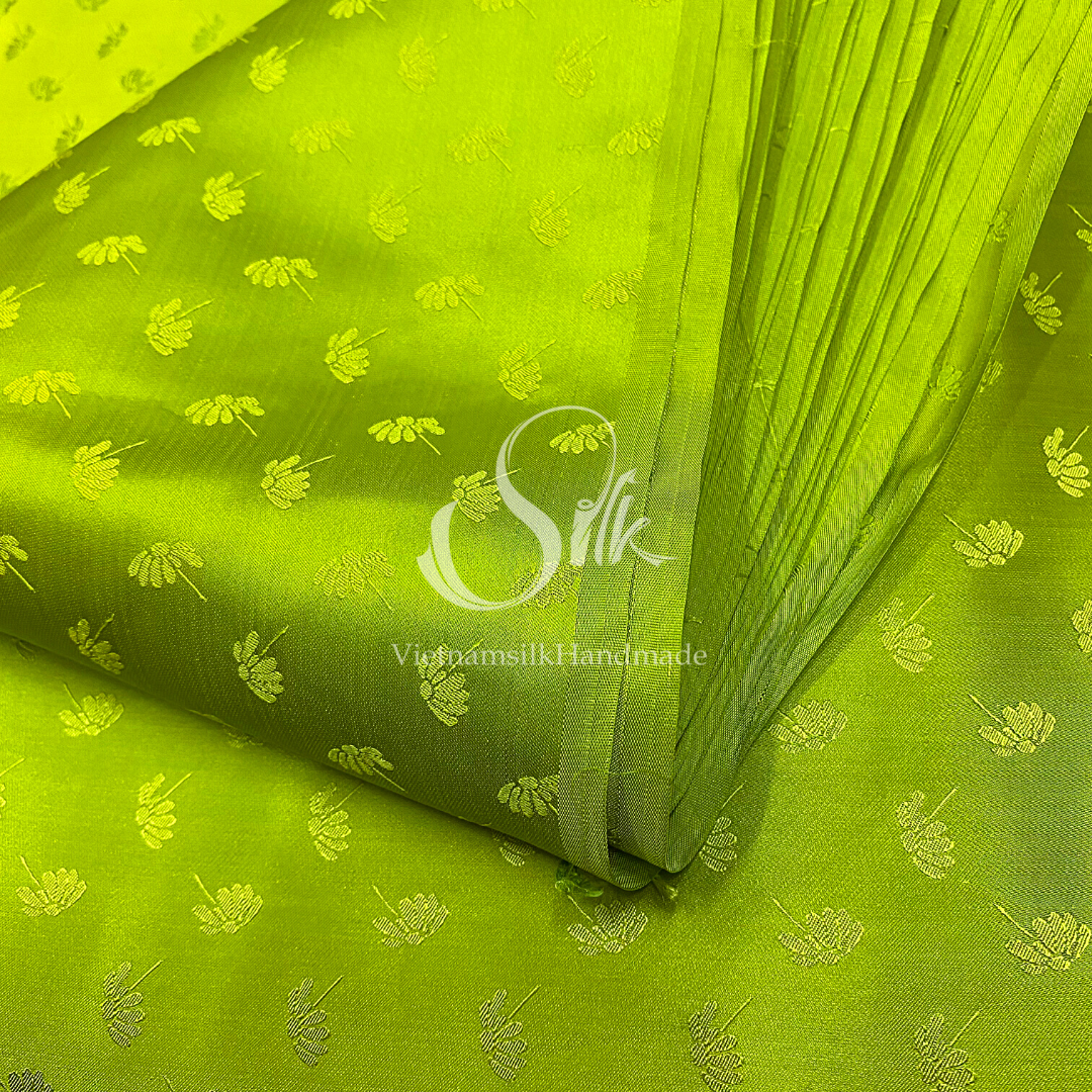 Chartreuse Green Silk with Dandelion Flowers - PURE MULBERRY SILK fabric by the yard -  Floral Silk -Luxury Silk - Natural silk - Handmade in VietNam
