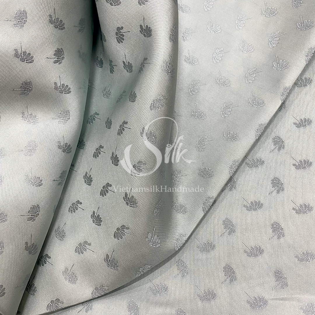 Light Gray Silk with Dandelion Flowers - PURE MULBERRY SILK fabric by the yard -  Floral Silk -Luxury Silk - Natural silk - Handmade in VietNam